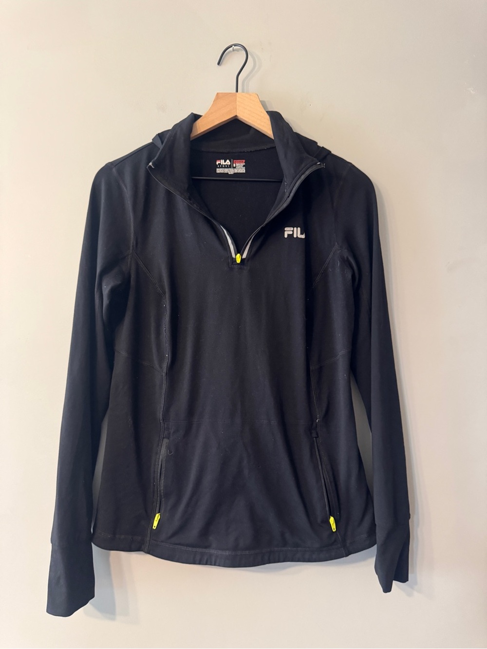 Fila | Black Long-Sleeve Quarter Zip Pullover Hoodie with Neon Accents | M